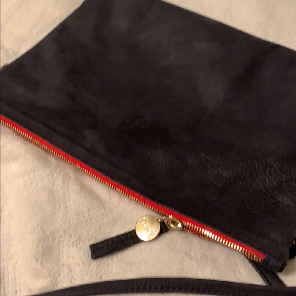 Clare V. Navy Suede cross-body w/red & gold zipper